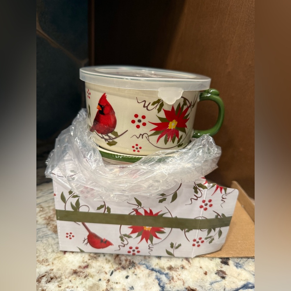 Temp-tations By Tara Cardinal Holly soup Bowl With Plate Holiday Christmas Red